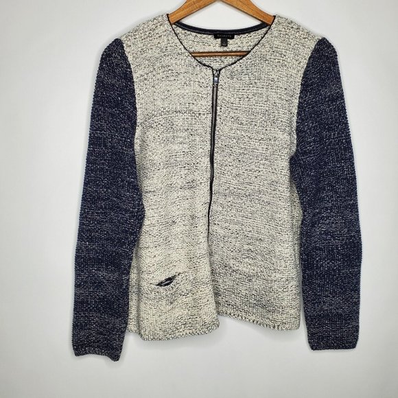 Talbots Womens Zip Front Tweed Cardigan Size L Blue Faux Leather Trim Colorblock - Picture 1 of 9